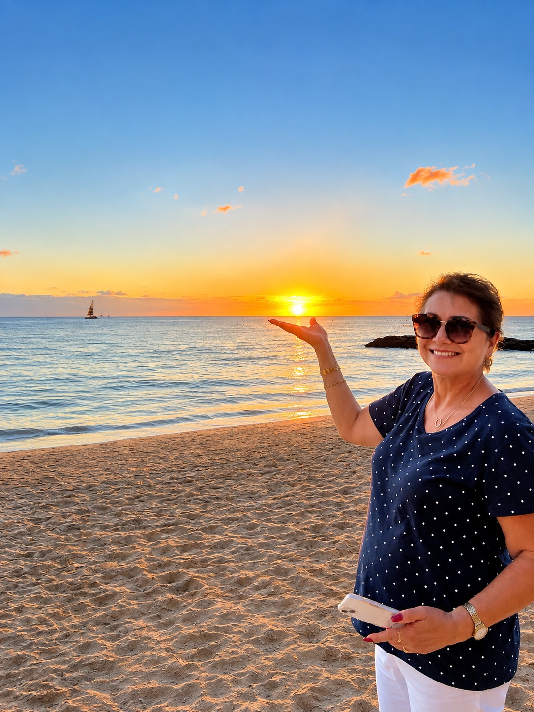 Rosalia smiling at the beach during sunset